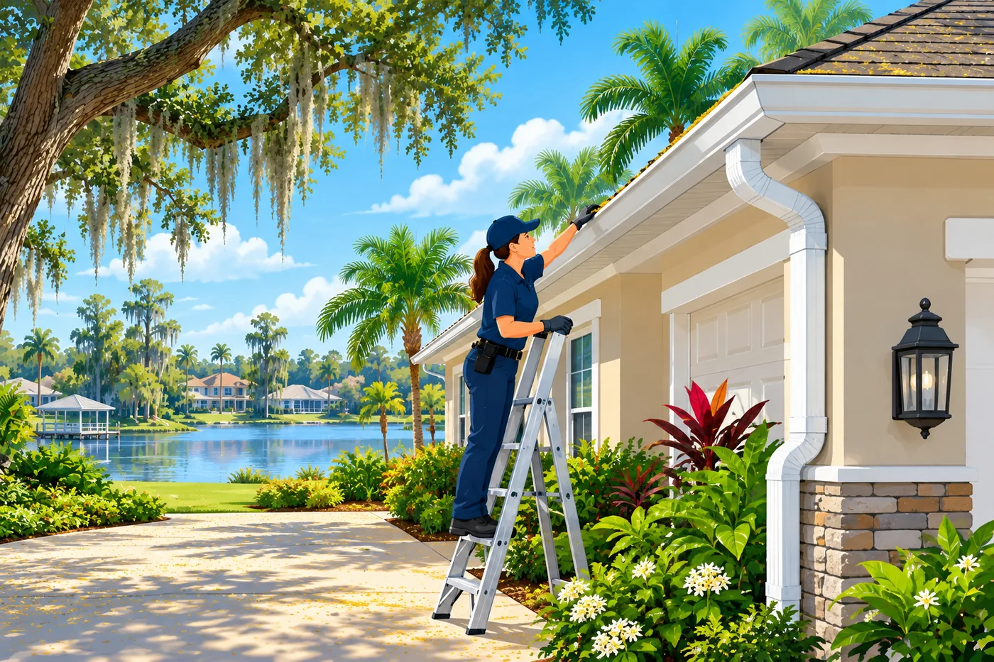 Illustration: gutters and a downspout at a Winter Springs-area home in Florida weather