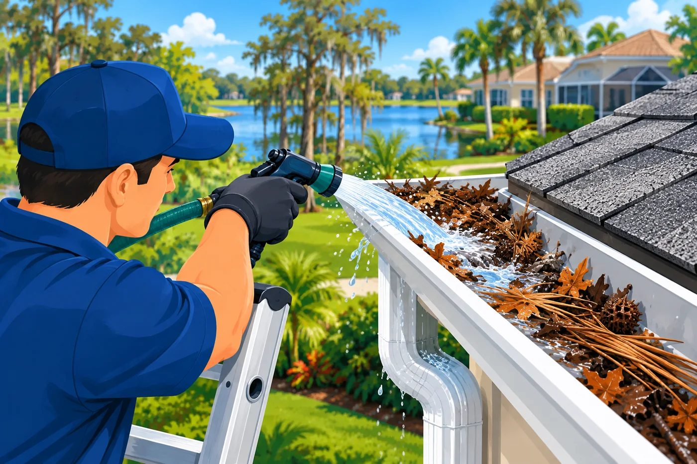 Illustration: gutter debris and cleaning at a Florida home near Winter Springs